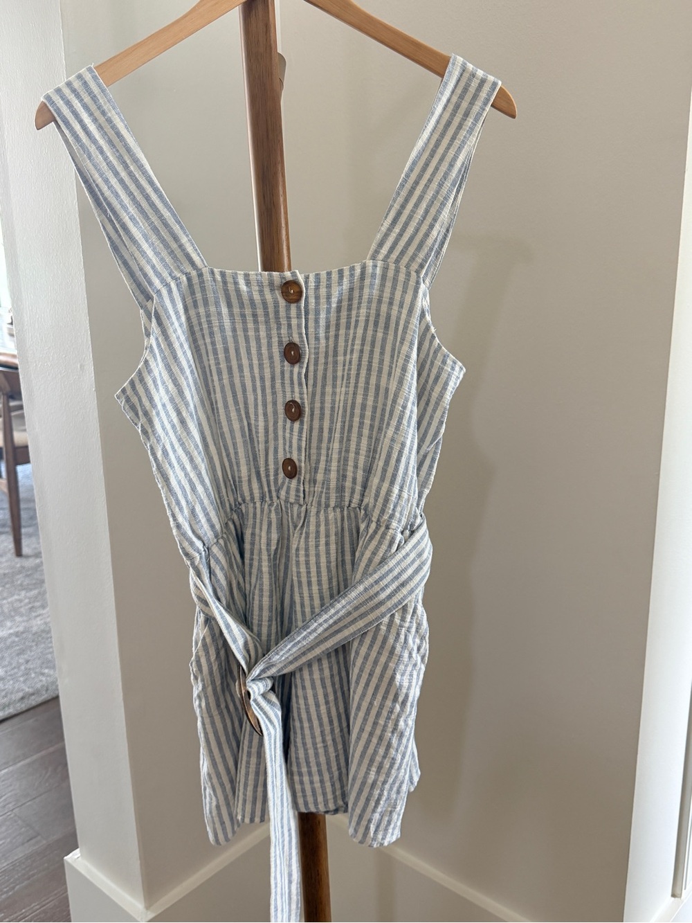 Blue and White Zara Striped Romper with Tie Waist-Small